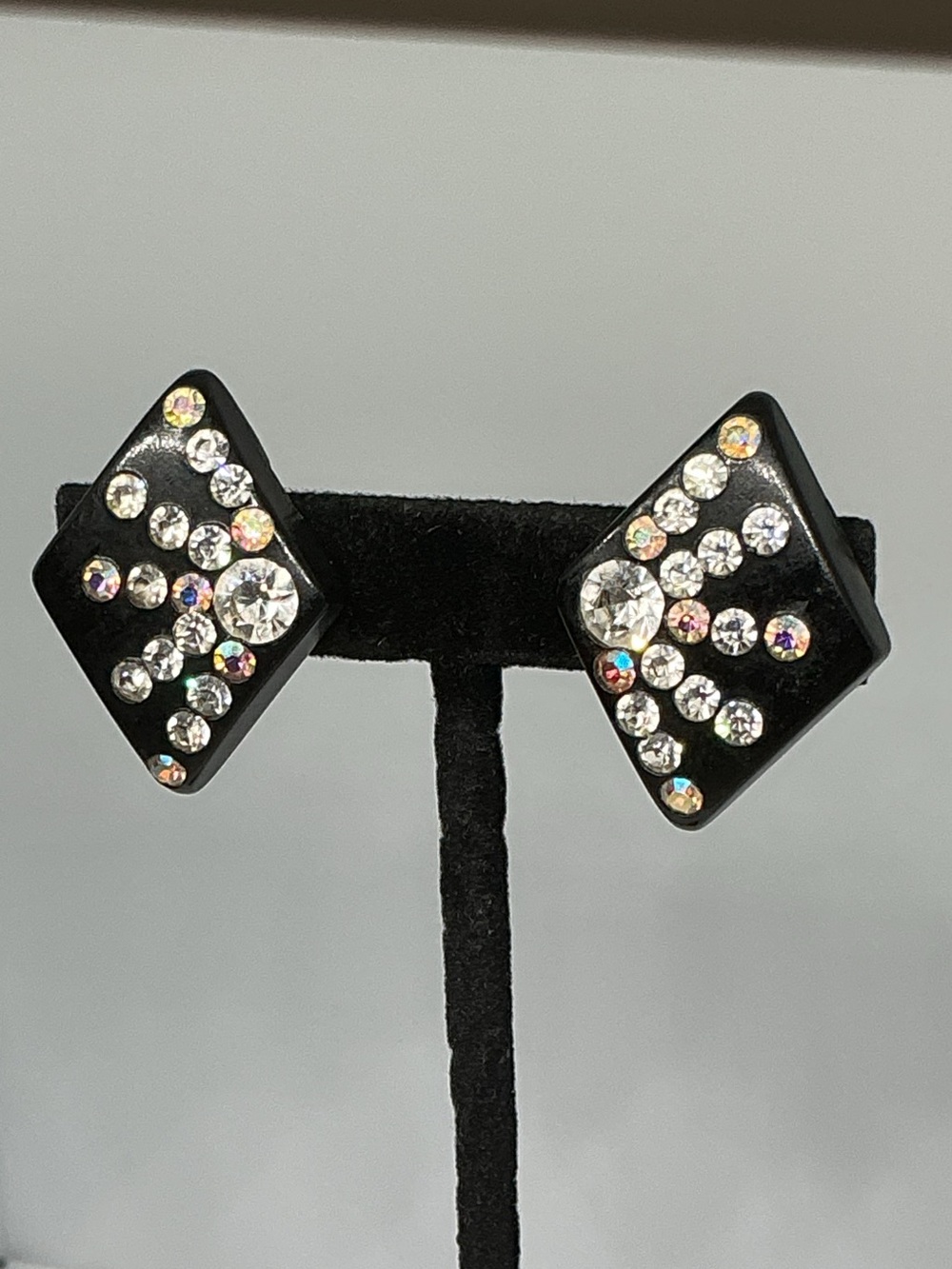 Vintage Black Lucite Rhinestone Diamond Shaped Clip On Earrings